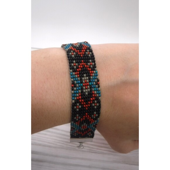 Loom Beaded Bracelet Black, Maroon & Teal - Picture 1 of 4